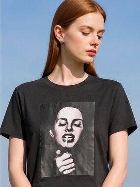 Halo Men’s Black Short Sleeve Tee w/An Image of Lana Del Rey Lighting a Cig S